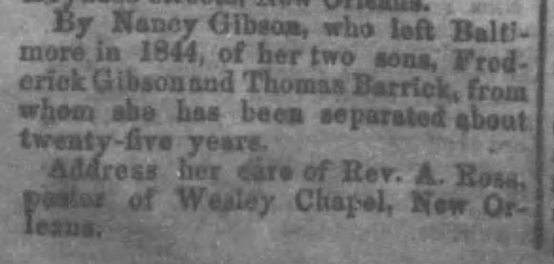 Nancy Gibson searching for her sons Frederick Gibson and Thomas Barrick