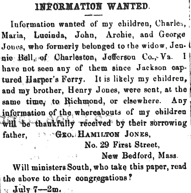 Geo. Hamilton Jones looking for his children Charles, Maria, Lucinda, John, Archie, and George Jones