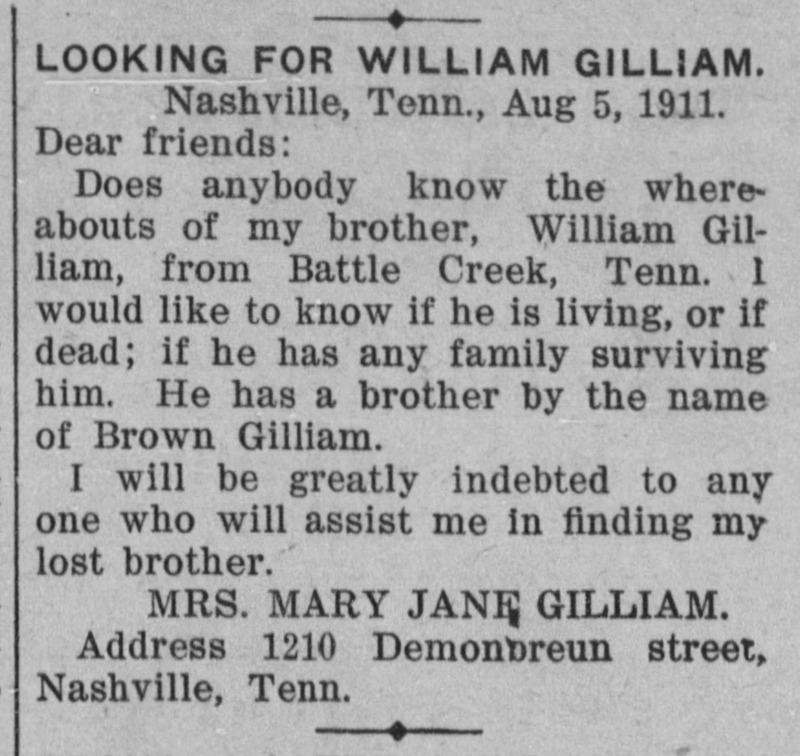 Mrs. Mary Jane Gilliam searching for her brother William Gilliam