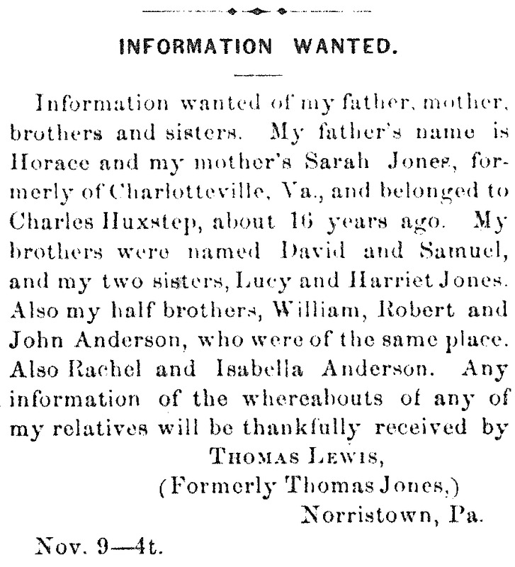 Thomas Lewis searching for his parents Horace and Sarah Jones and several siblings and half-siblings