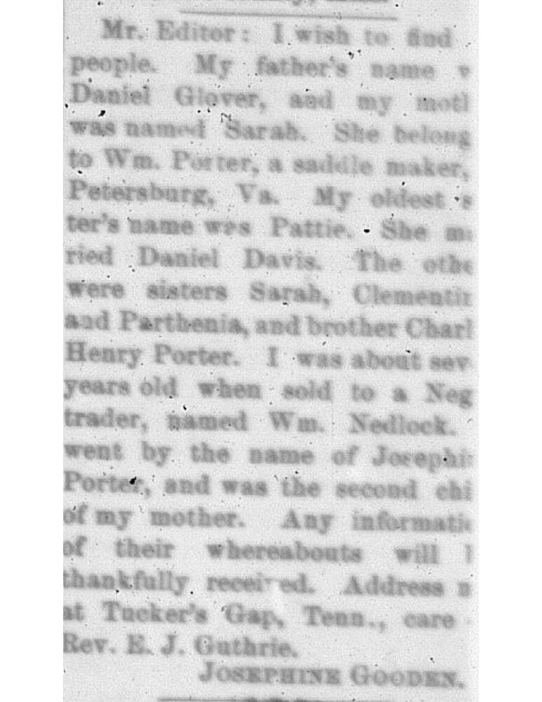 Josephine Gooden (formerly Josephine Porter) searching for her father Daniel Glover, mother Sarah, and siblings