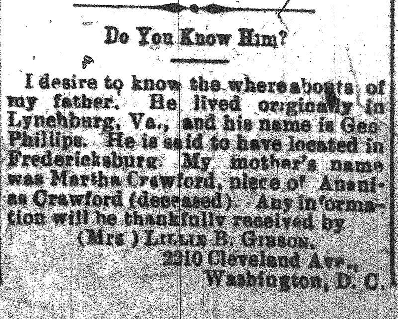 Mrs. Lillie B. Gibson searching for her father George Phillips