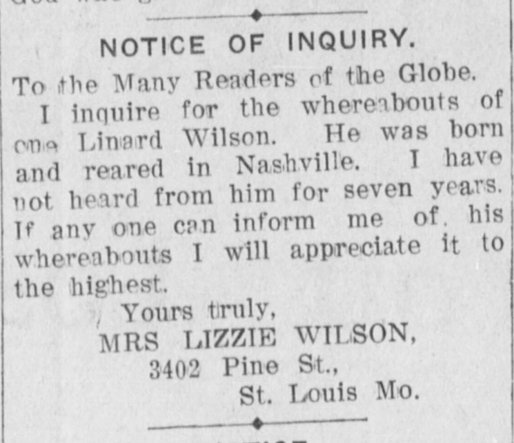 Mrs. Lizzie Wilson searching for Linard Wilson