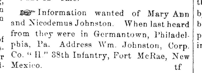 Wm. Johnston seeking information about Mary Ann and Nicodemus Johnston