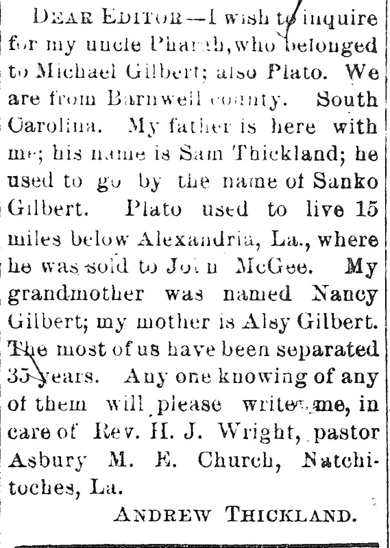 Andrew Thickland searching for his uncle Pharah, a man named Plato, his grandmother Nancy Gilbert, and his mother Alsy Gilbert 