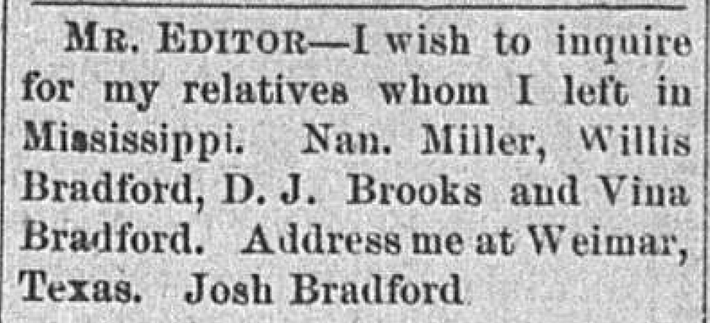 Josh Bradford seeking his relatives Nan. Miller, Willis Bradford, D. J. Brooks, and Vina Bradford