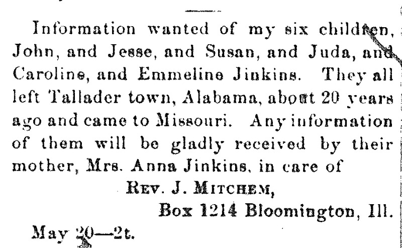 Anna Jinkins searching for her children John, Jesse, Susan, Juda, Caroline and Emmeline Jinkins