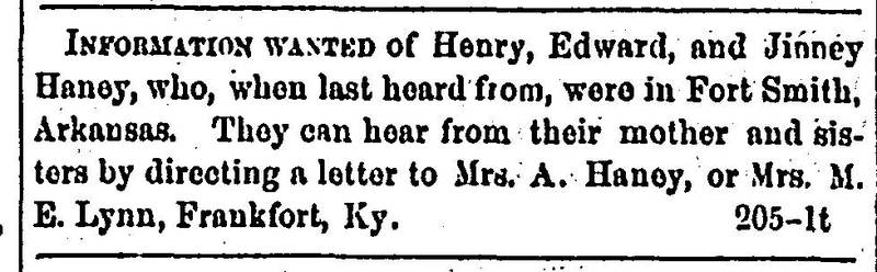 Mrs. A. Haney and Mrs. M. E. Lynn seeking Henry, Edward, and Jinney Haney