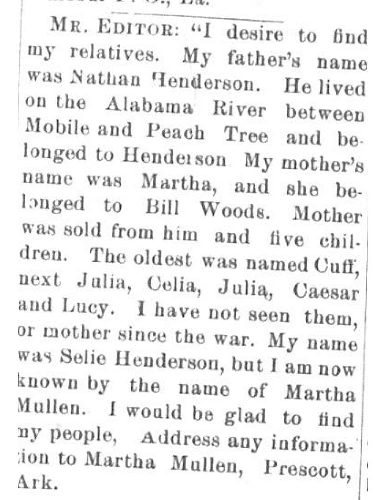 Martha Mullen (formerly Selie Henderson) seeking her parents Nathan Henderson and Martha