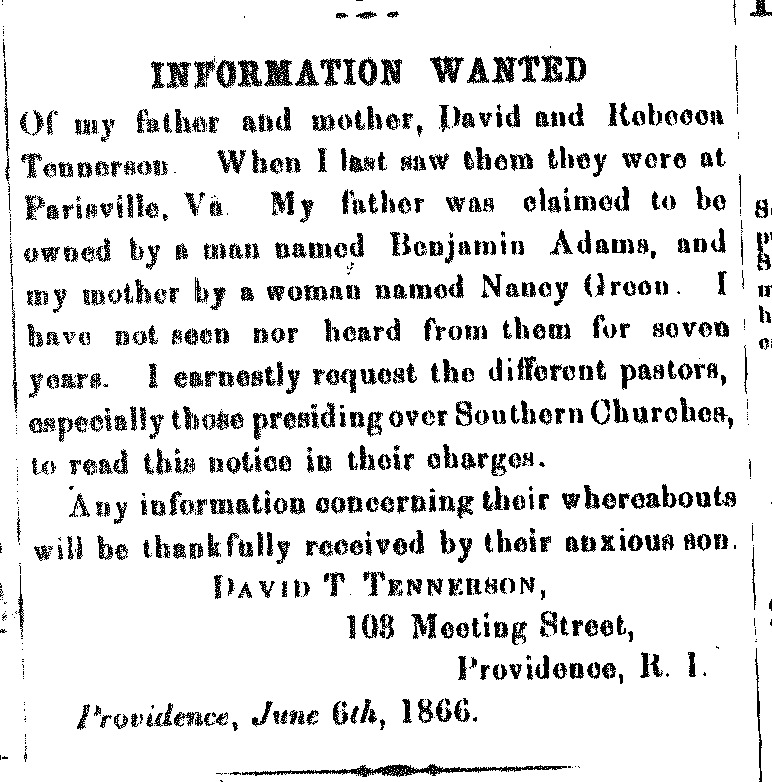 David T. Tennerson seeking information about his father David and mother Rebecca