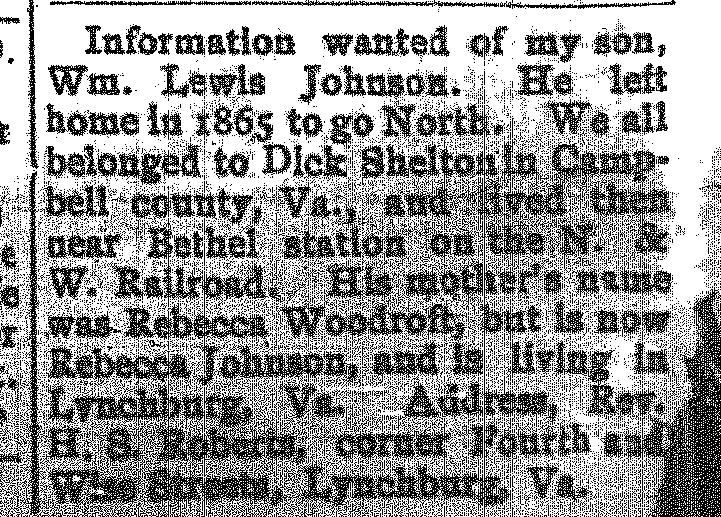 Rev. H. S. Roberts seeking information about his son Wm. Lewis Johnson