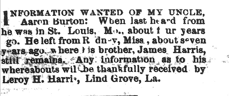 Leroy H. Harris seeking information about his uncle Aaron Burton