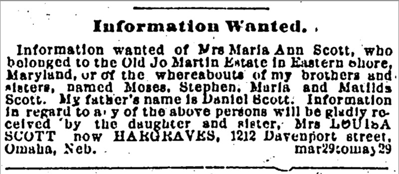 Louisa Hargraves (formerly Louisa Scott) searching for family including mother Mrs. Maria Ann Scott and father Daniel Scott