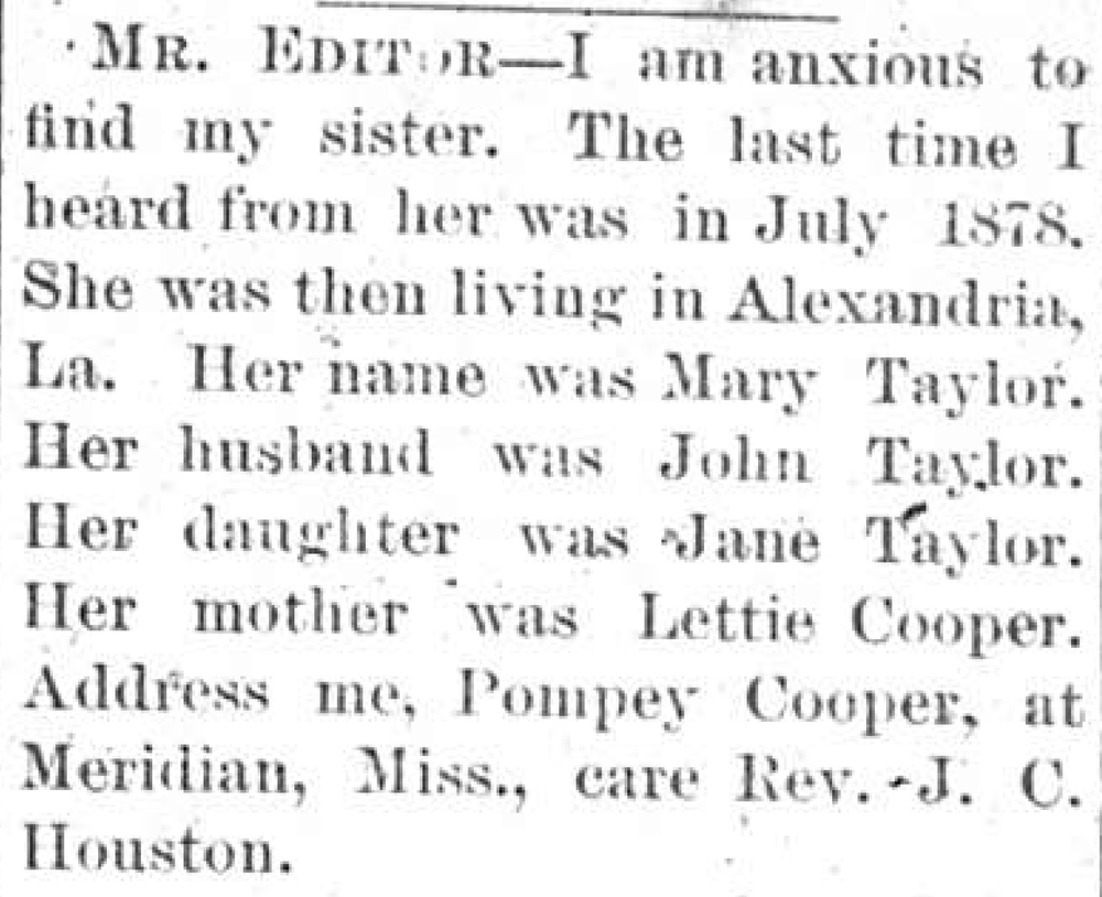 Pompey Cooper seeking her sister Mary Taylor