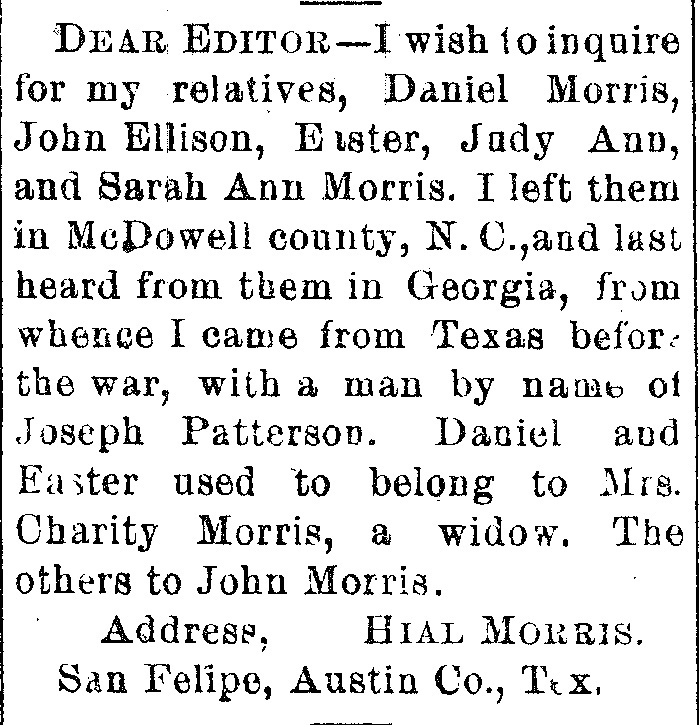 Hial Morris searching for relatives including Daniel Morris and John Ellison