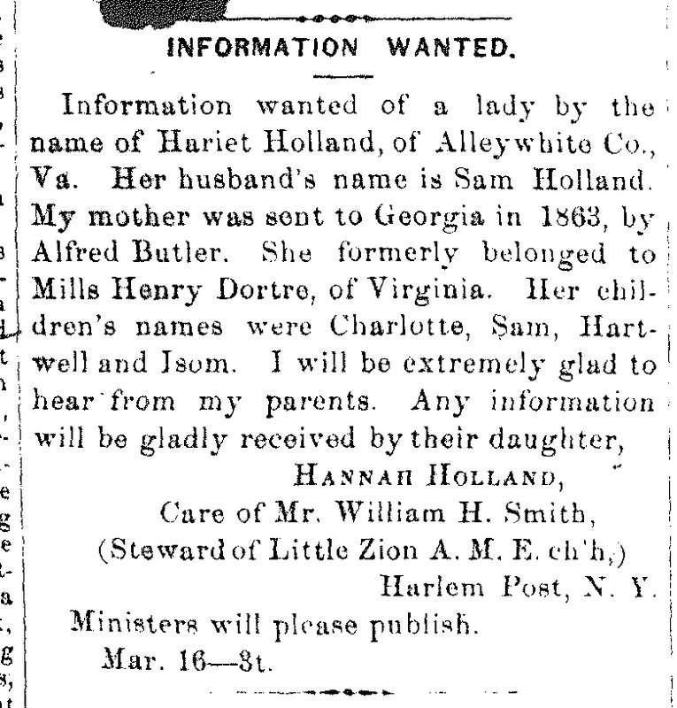 Hannah Holland searching for her parents Harriet and Sam Holland, and her siblings Charlotte, Sam, Hartwell and Isom