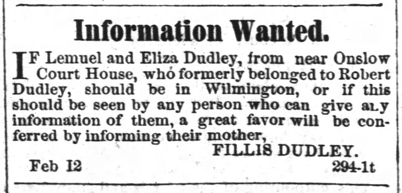 Fillis Dudley searching for her children Lemuel and Eliza Dudley