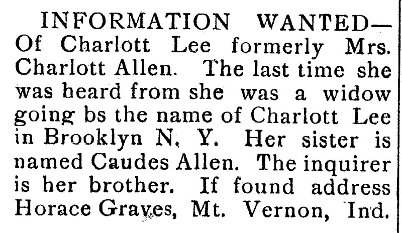 Horace Graves searching for his sister Charlott Lee (formerly Charlott Allen)