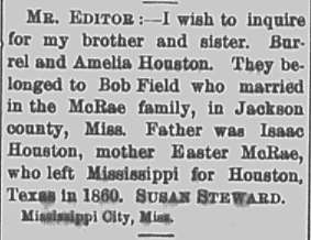 Susan Steward seeking her siblings Burrel and Amelia Houston