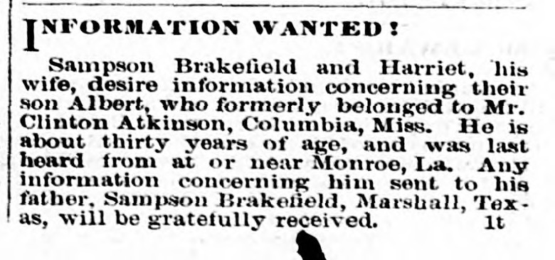 Sampson Brakefield and Harriet Brakefield searching for their son Albert