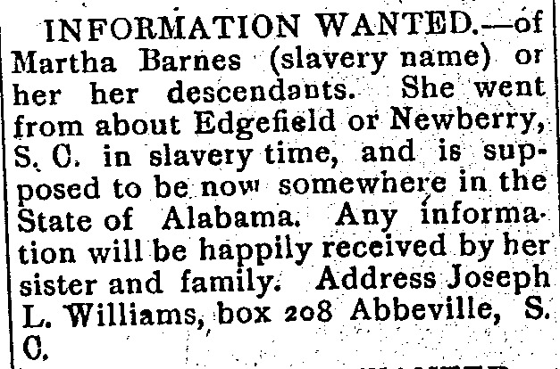 Joseph L. Williams seeking information about Martha Barnes