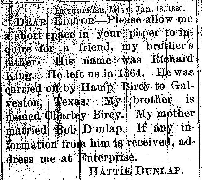 Hattie Dunlap seeking information of her brother&#039;s father Richard King