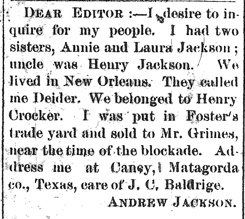 Andrew Jackson (called Deider) searching for his uncle Henry Jackson and sisters Annie and Laura Jackson 