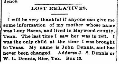 John Dennis seeking his mother Lucy Barns