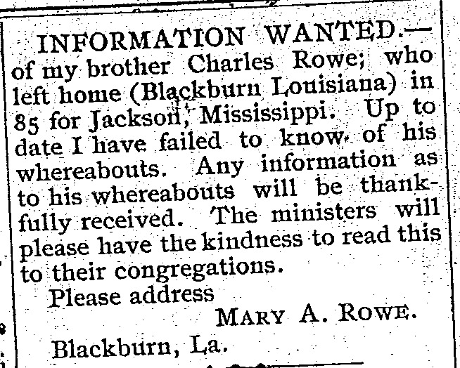 Mary A. Rowe searching for her brother Charles Rowe