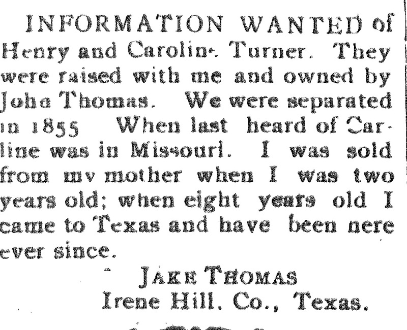 Jake Thomas seeking information about Henry and Caroline Turner