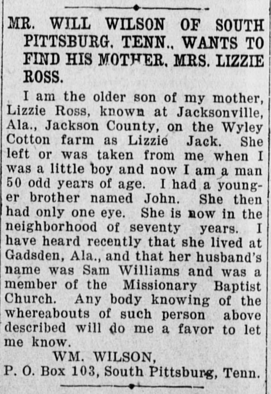 Wm. Wilson searching for his mother Lizzie Ross