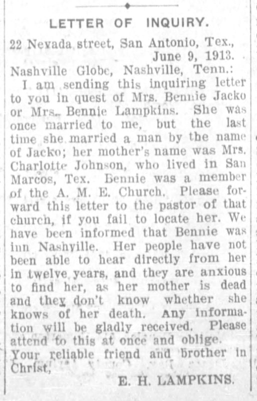 E. H. Lampkins searching for his former wife Mrs. Bennie Jacko (formerly Mrs. Bennie Lampkins)