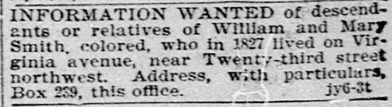 An unidentified person searching for descendants or relatives of William and Mary Smith