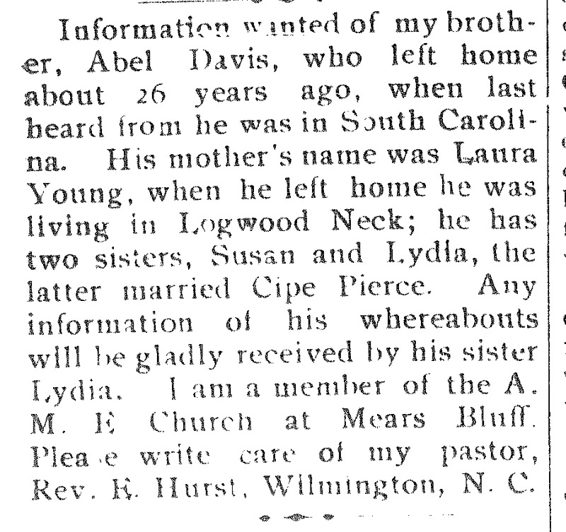 Lydia Davis looking for her brother Abel Davis