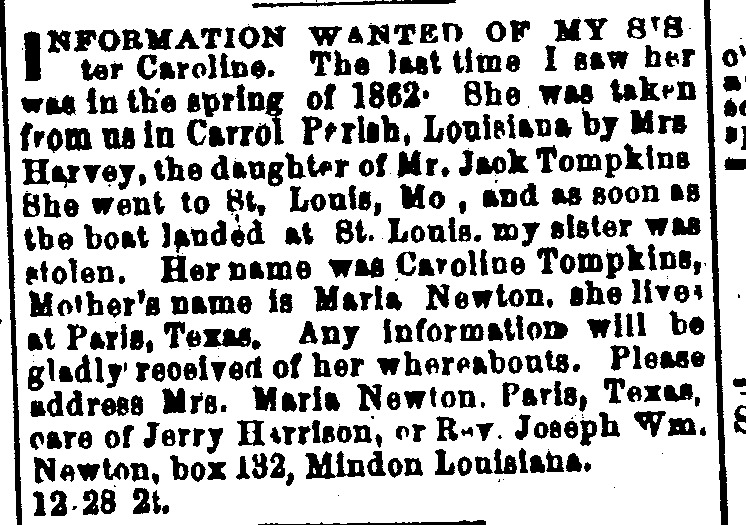 Mrs. Maria Newton looking for information about her sister Caroline Tompkins