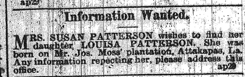 Mrs. Susan Patterson seeking information about her daughter Louisa Patterson