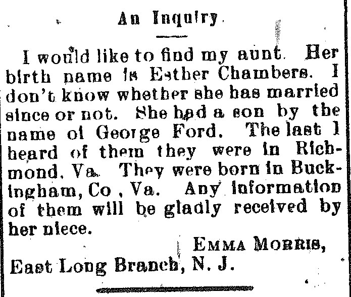 Emma Morris looking for information about her aunt Esther Chambers