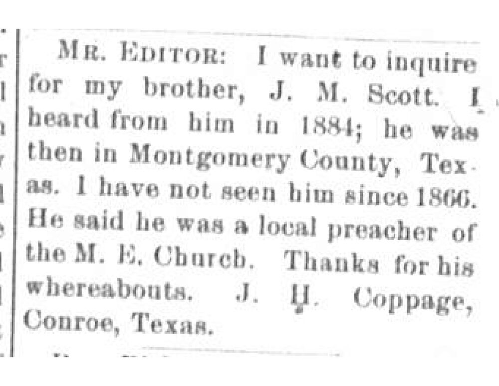 J. H. Coppage seeking their brother J. M. Scott