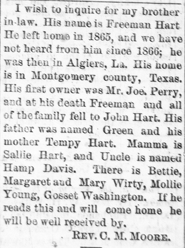 Rev. C. M. Moore searching for his brother-in-law Freeman Hart