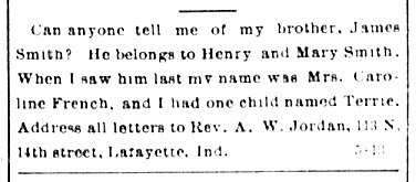 Mrs. Caroline French seeking information about her brother James Smith