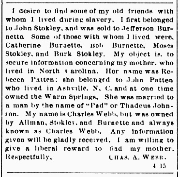 Charles A. Webb seeking information about his mother Rebecca Patten