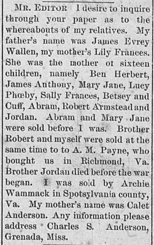 Charles S. Anderson seeking his father James Evrey, mother Lily Frances, and siblings