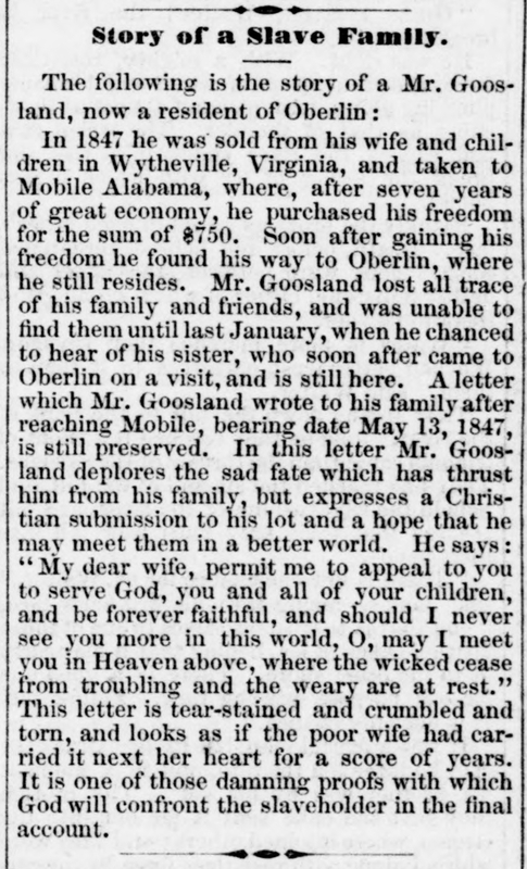 Mr. Goosland [Rev. Matthew Goosland], sold in 1847, finds his sister