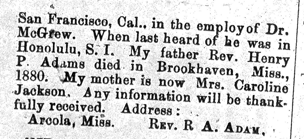 Rev. R. A. Adam seeking information of his uncle John Jones (2nd of 2 ads)