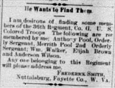 Frederick Smith looking for veterans of the U. S. C. T. 36th Regiment, Company G