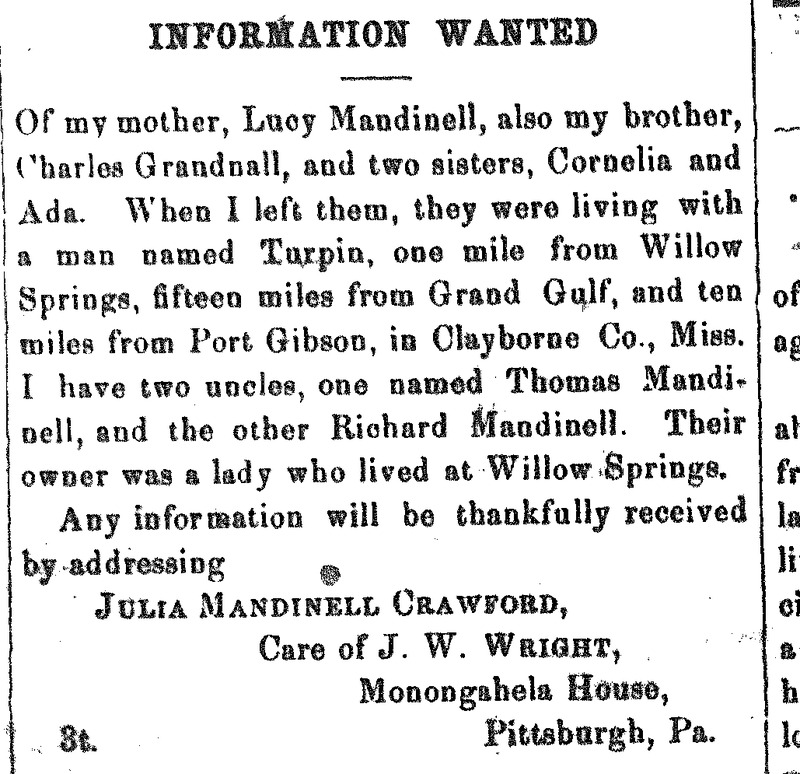 Julia Mandinell Crawford searching for her mother Lucy Mandinell, brother Charles Grandnell, and sisters Ada and  Cornelia