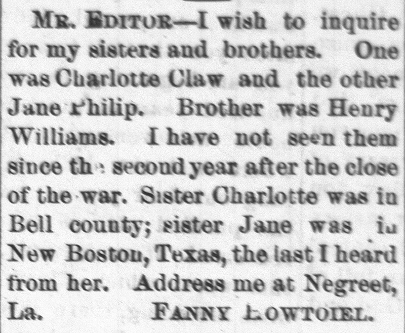 Fanny Howtoiel searching for her sisters Charlotte Claw and Jane Philip and brother Henry Williams