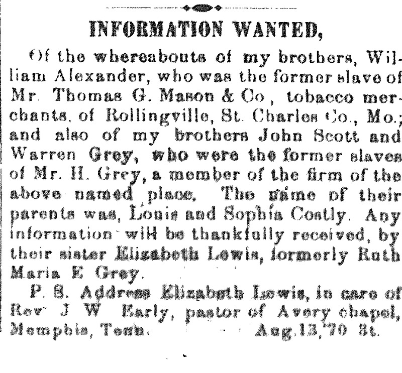 Elizabeth Lewis (formerly Ruth Maria E. Grey) searching for her brothers William Alexander, John Scott and William Grey