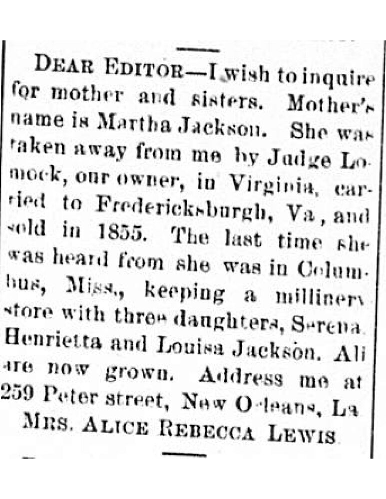 Mrs. Alice Rebecca Lewis searching for her mother Martha Jackson and sisters