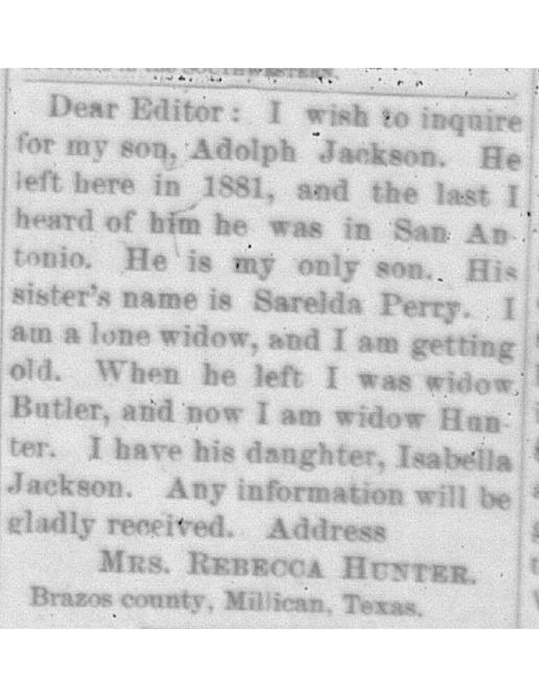 Mrs. Rebecca Hunter searching for her son Adolph Jackson 